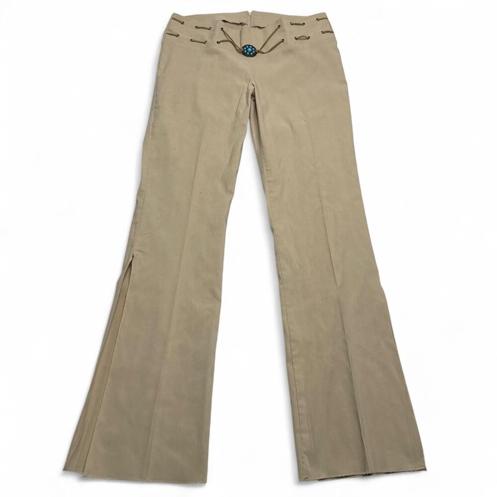 Y2K Clue Tan Super Low Rise Vintage Khaki Flare Pants Blue Beaded Button Detail